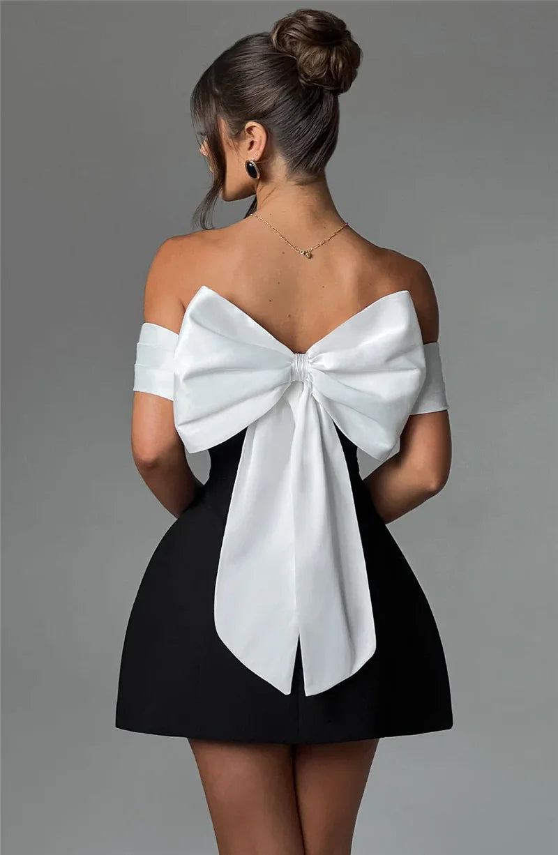 Bow Backless Sexy Mini Dress For Women Robe Elegant Off-shoulder Strapless Sleeveless A-line Club Sexy Dress Vestido