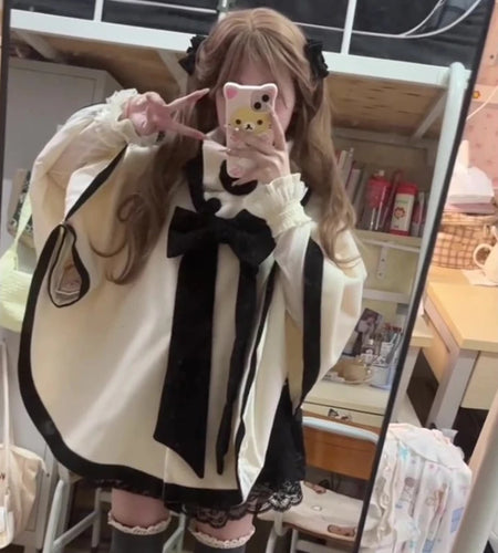 Japanese Cute Bow Lolita Cloak Coats Sweet Kawaii Fashion Y2k Aesthetic Capes High Collar Loose Casual Women Tops Streetwear