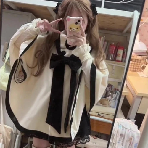 Load image into Gallery viewer, Japanese Cute Bow Lolita Cloak Coats Sweet Kawaii Fashion Y2k Aesthetic Capes High Collar Loose Casual Women Tops Streetwear
