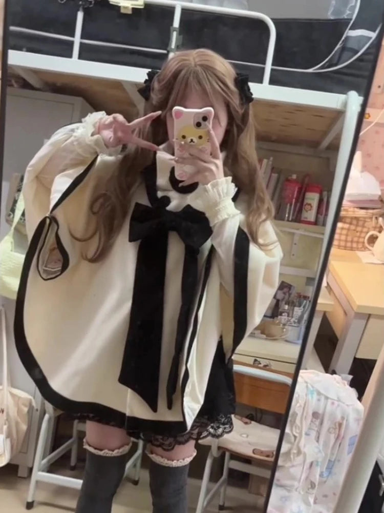 Japanese Cute Bow Lolita Cloak Coats Sweet Kawaii Fashion Y2k Aesthetic Capes High Collar Loose Casual Women Tops Streetwear
