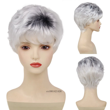 Synthetic Cosplay Wigs for Women Short Haircuts Mommy Wig with Bangs Old Lady Costume Carnival Party Wigs for Girls Silver Grey