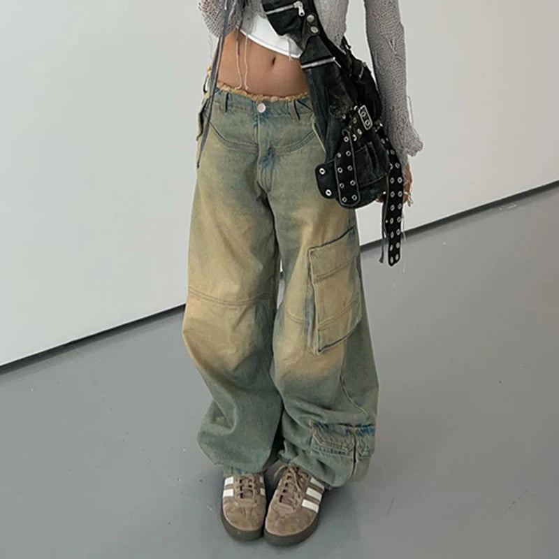 Vintage Aesthetic Y2K Washed Burr Cargo Jean Female Pockets Harajuku 2000s Pockets Denim Pants Straight Leg Trousers