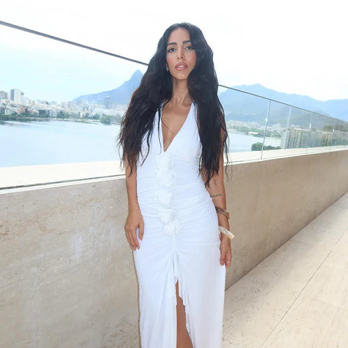 Load image into Gallery viewer, White Floral Ruched Sexy Maxi Dress For Women Gown Halter Deep V Neck Sleeveless Ruffled Bodycon Club Long Dress
