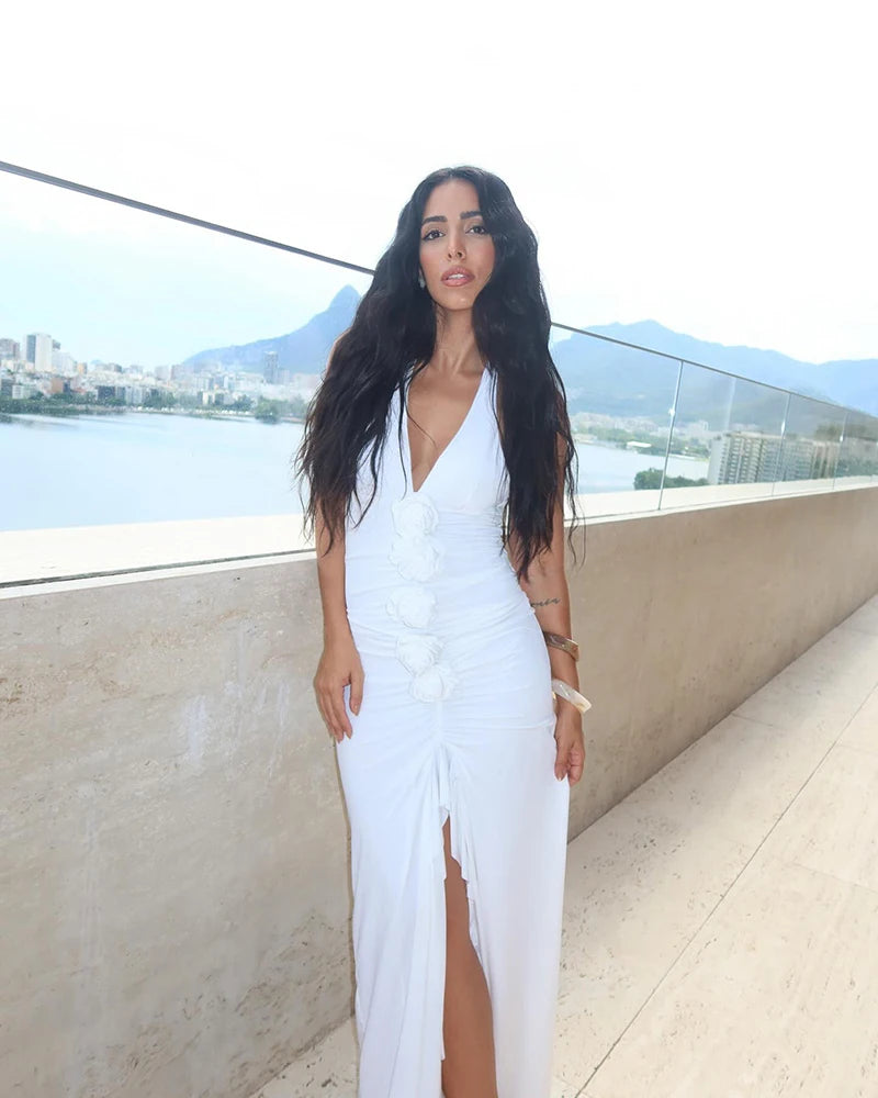 White Floral Ruched Sexy Maxi Dress For Women Gown Halter Deep V Neck Sleeveless Ruffled Bodycon Club Long Dress