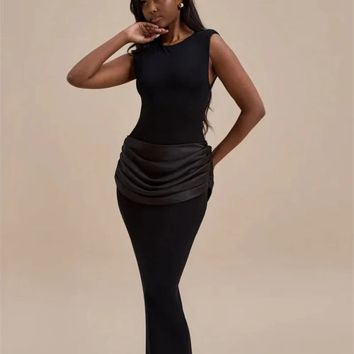 Load image into Gallery viewer, Sleeveless Ruched Sexy Maxi Dress For Women Gown Fashion Black O Neck High Waist Bodycon Club Party Long Dress Vestido
