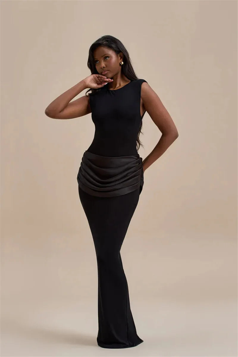 Sleeveless Ruched Sexy Maxi Dress For Women Gown Fashion Black O Neck High Waist Bodycon Club Party Long Dress Vestido