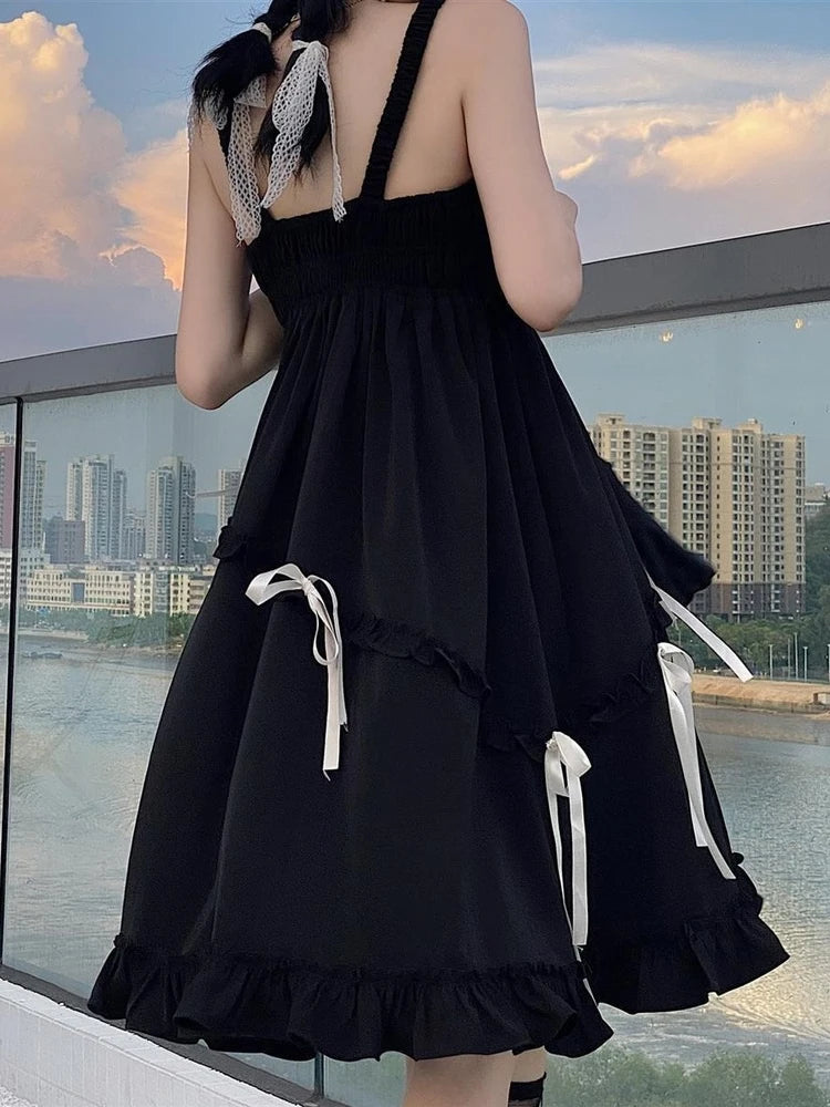 Kawaii Cute Slip Dress Women Sweet Preppy Style Lolita Ruffles Black Dresses School Student Clothes Spring Summer