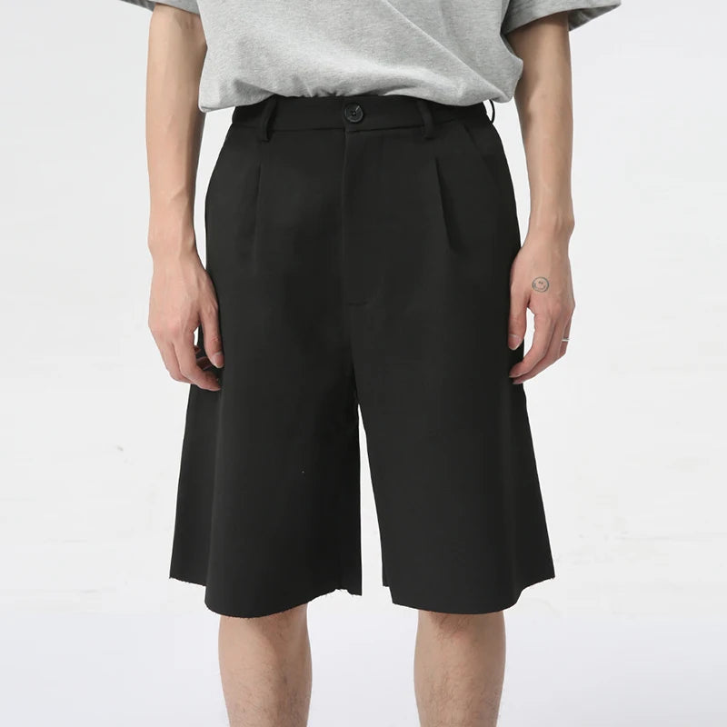 Summer Trendy Male Shorts Solid Color Loose Minimalist Draping Straight Business Casual Knee Length Pants 9C6173