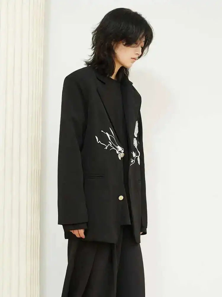 Women Black Embroidery Flower Big Size Blazer New Lapel Long Sleeve Loose Fit Jacket Fashion Spring Autumn 2025 1DF3628
