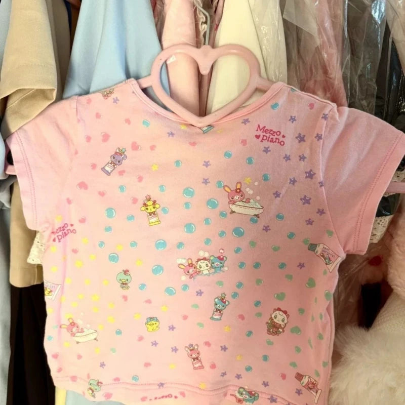 Japanese Kawaii Cartoon Printing Tops Women Harajuku Summer Patchwork Casual Loose T-shirt Y2k Aesthetic Fairy Grunge Cute Tees