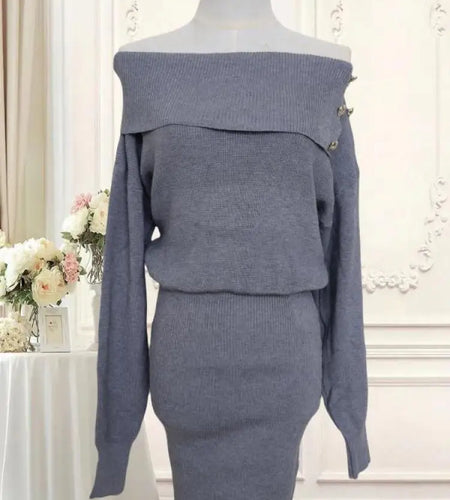 Autumn Winter Vintage Solid Elegant Off Shoulder Long Sleeve Mini Dress Women French High Waist Button Knitted Mini Dress Simple
