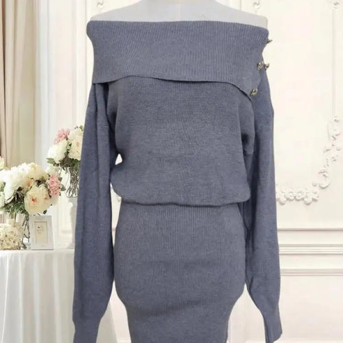 Load image into Gallery viewer, Autumn Winter Vintage Solid Elegant Off Shoulder Long Sleeve Mini Dress Women French High Waist Button Knitted Mini Dress Simple
