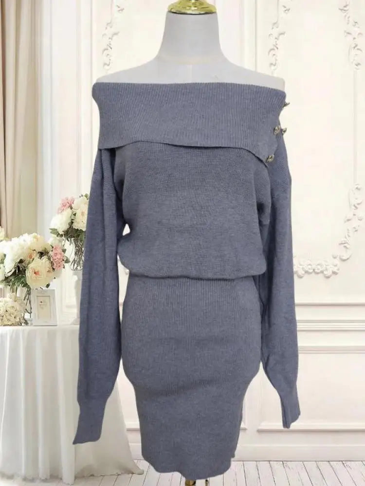 Autumn Winter Vintage Solid Elegant Off Shoulder Long Sleeve Mini Dress Women French High Waist Button Knitted Mini Dress Simple