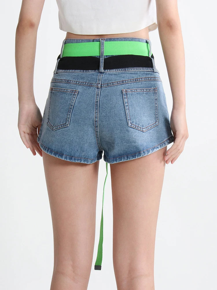 Minimalist Denim Patchwork Lace Up Shorts For Women High Waist Temperament Short Pants Female Fashion Summer