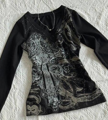 Y2k Aesthetic Vintage Printing Shirts Streetwear Tie-dye Black Loose Tshirts Harajuku Autumn Women Punk Diamond Grunge T-shirt