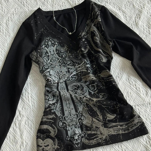 Load image into Gallery viewer, Y2k Aesthetic Vintage Printing Shirts Streetwear Tie-dye Black Loose Tshirts Harajuku Autumn Women Punk Diamond Grunge T-shirt
