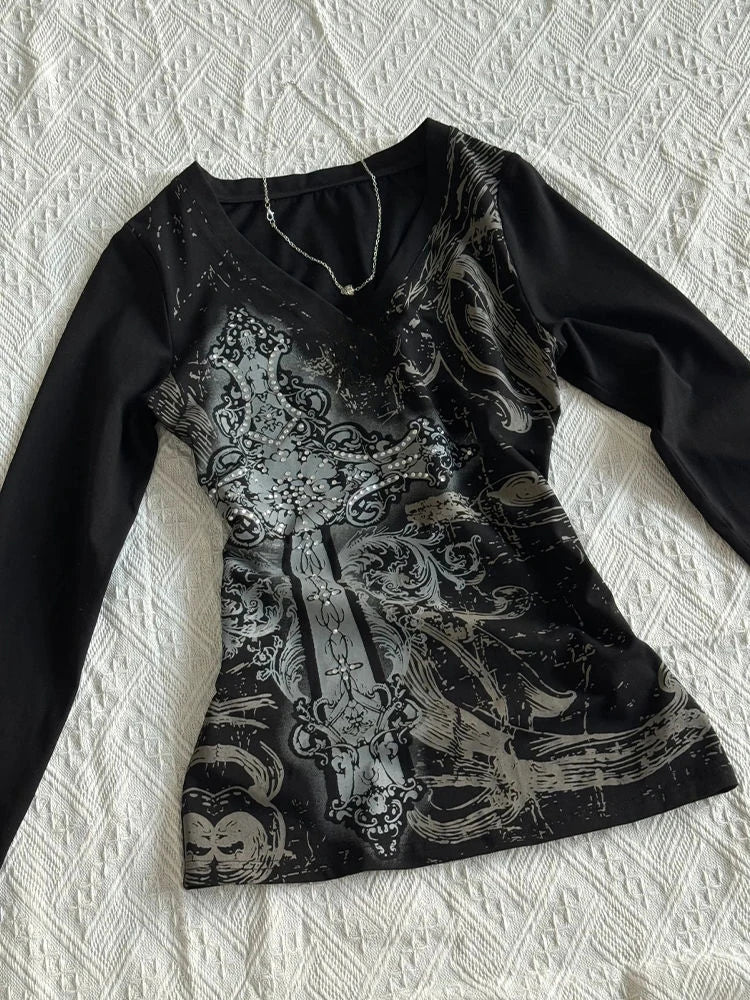 Y2k Aesthetic Vintage Printing Shirts Streetwear Tie-dye Black Loose Tshirts Harajuku Autumn Women Punk Diamond Grunge T-shirt