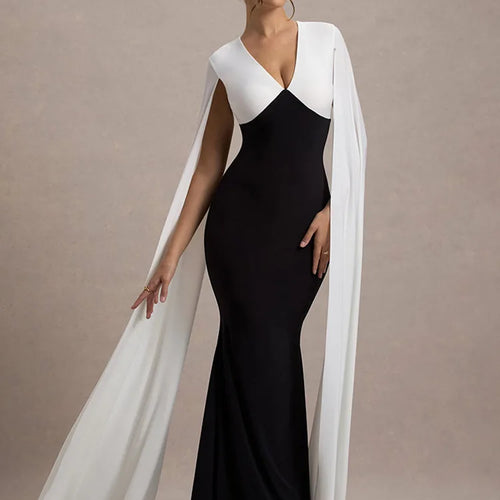 Load image into Gallery viewer, Elegant Patchwork Sleeveless Ribbon Bodycon Party Evening Dress Women Winter 2025 Sexy V-neck Tight Long Dress Vestido
