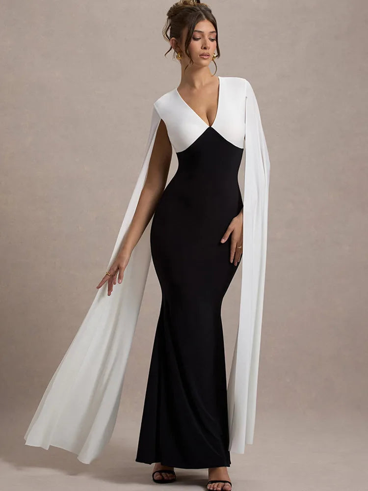 Elegant Patchwork Sleeveless Ribbon Bodycon Party Evening Dress Women Winter 2025 Sexy V-neck Tight Long Dress Vestido