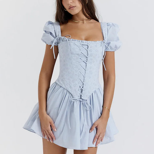 Load image into Gallery viewer, Elegant Short Puff Sleeve Sexy Mini Dress Women Fashion Square Collar Backless A-line Pleated Club Party Dress Vintage
