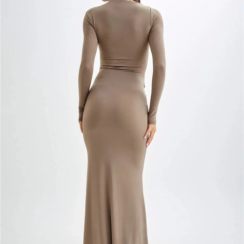 Load image into Gallery viewer, Diagonal Collar Long Sleeve Maxi Dress For Women Autumn Winter New Solid High Waist Ruched Bodycon Sexy Long Dress
