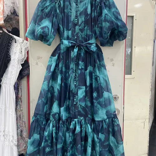 Load image into Gallery viewer, Hit Color Spliced Lace Up Loose Dresses For Womne O Neck Half Sleeve High Waist Long Dress Female Fashion Style New
