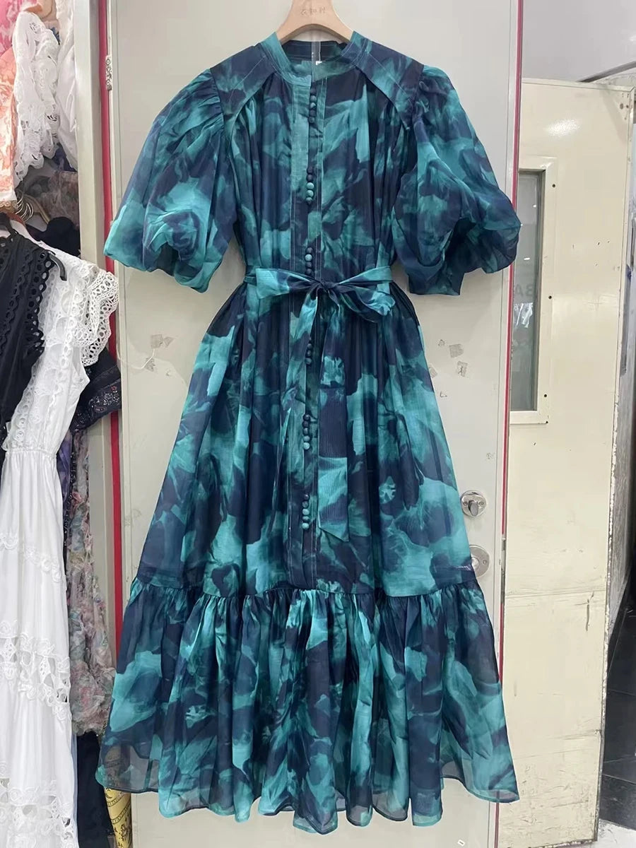 Hit Color Spliced Lace Up Loose Dresses For Womne O Neck Half Sleeve High Waist Long Dress Female Fashion Style New