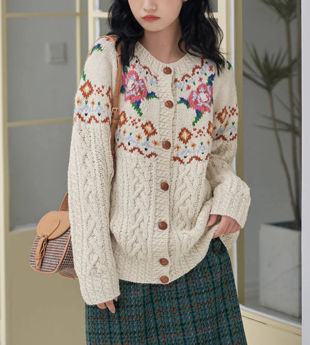Autumn New Sweet Mori Style Handmade Embroidered Sweater Coat Round Neck Long Sleeve Cardigan Sweater C-176