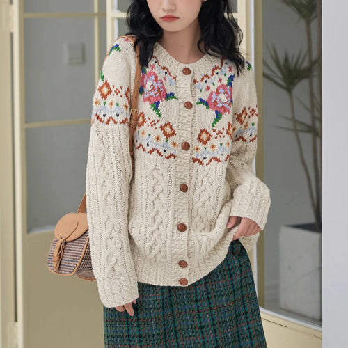 Load image into Gallery viewer, Autumn New Sweet Mori Style Handmade Embroidered Sweater Coat Round Neck Long Sleeve Cardigan Sweater C-176
