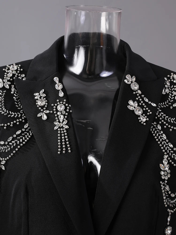 Women Black Rhinestones Nailed Big Size Elegant Blazer New Lapel Long Sleeve Jacket Fashion Spring Autumn 2025 5ZD1434