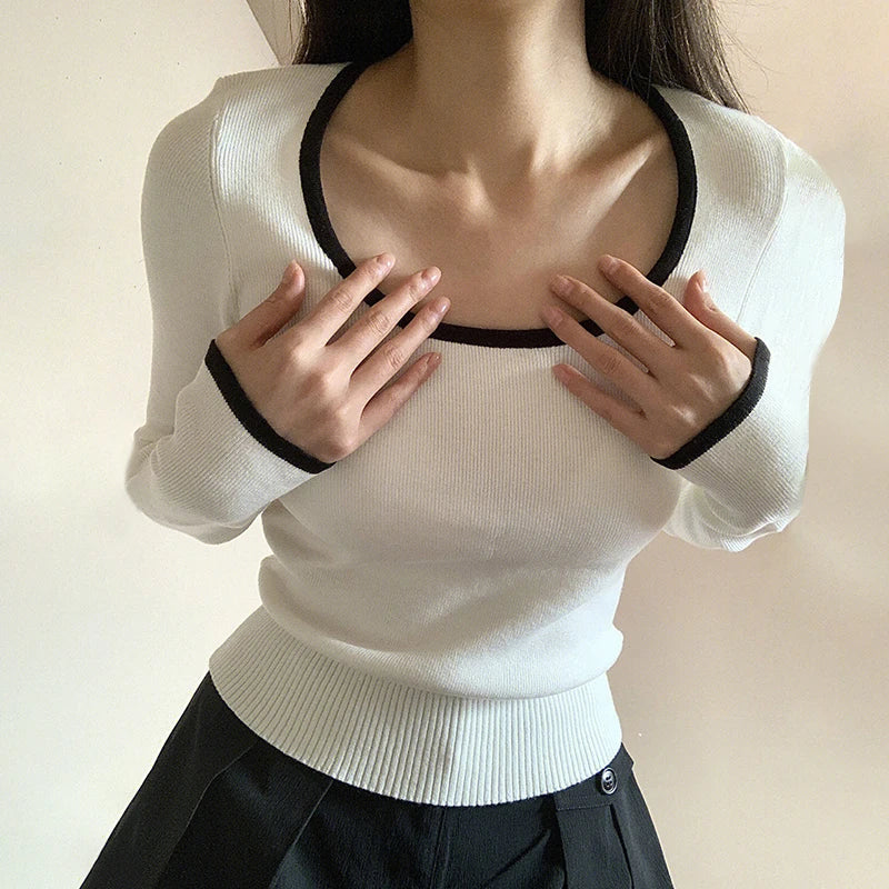 Casual White Stripe Knitted Women Pullover Autumn T shirt Slim Korean Fashion Tee Shirts Basic Contrast New Top Cute