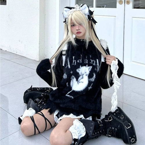 Load image into Gallery viewer, Gothic Cartoon Jacquard Kawaii Sweater Y2K Aesthetic Loose Knitted Pullover Harajuku Grunge Casual Fairy Jumper Pull Femme Tops
