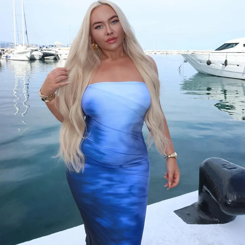 Strapless Print Sexy Midi Dress For Women Fashion Off-shoulder Backless Bodycon Club Party Sexy Long Dress Clubwear