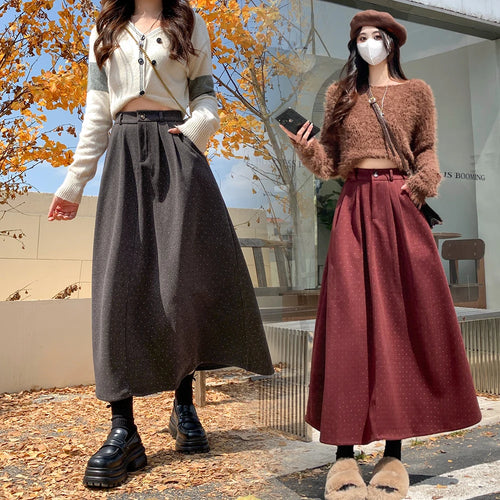 Load image into Gallery viewer, French Vintage Women Polka Dot Elegant High Waist Party Long Skirts 2024 Autumn Winter Woolen A-line Pleated Half Skirt Fashion
