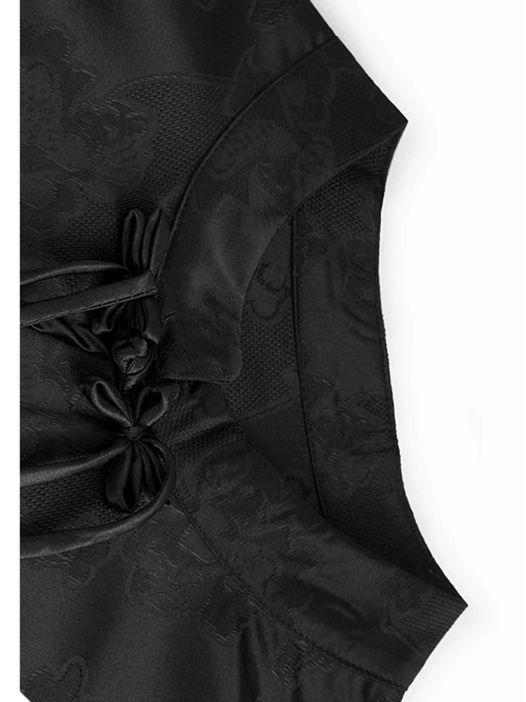 Women Black Jacquard Buckle Mesh Big Size Midi Dress New Stand Collar Short Sleeve Fashion Tide Spring Summer 2025 1DJ1231