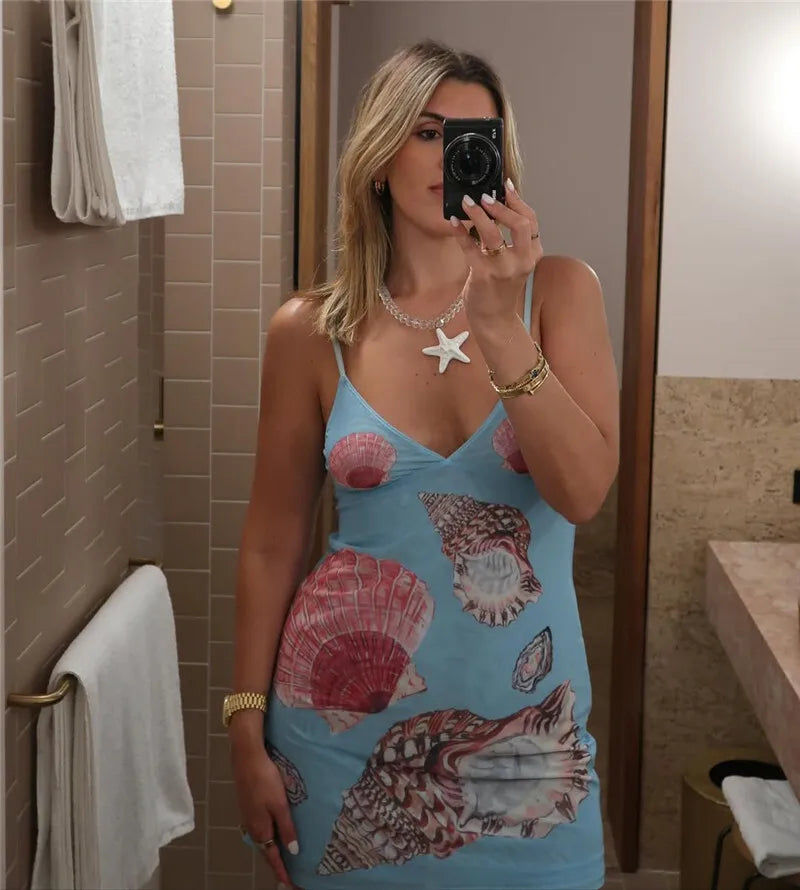 Spaghetti Strap Floral Print Mini Dress For Women Robe Summer New V Neck Sleeveless Backless Print Beach Holiday Dress