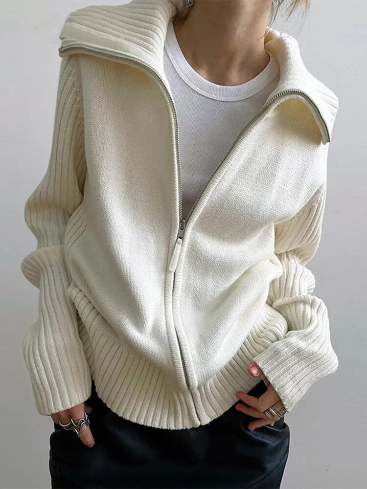 Solid Knitting Sweaters For Women Lapel Long Sleeves Loose Spliced Zipper Sweater Female Fashion Clothing