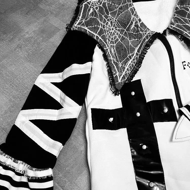 Gothic Jackets Women Striped Lace Patchwork Y2k Aesthetic Grunge Coats Harajuku  Loose Punk Streetwear Jacket