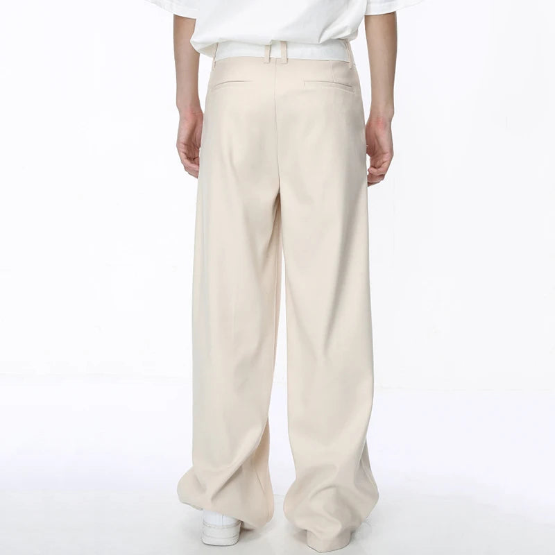 Straight Men's Suit Pants Korean Fashion Solid Color Pleated Pockets Male Wide Leg Trousers Casual Spring 9C4309