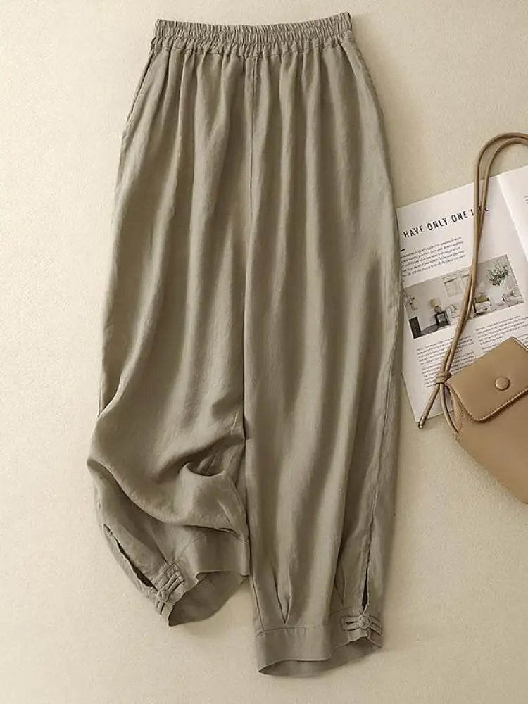 Summer Beige Cotton Straight Wide Leg Ankle-length Lantern Pants Women Pink Green Casual Loose Elastic High Waist Large Size New