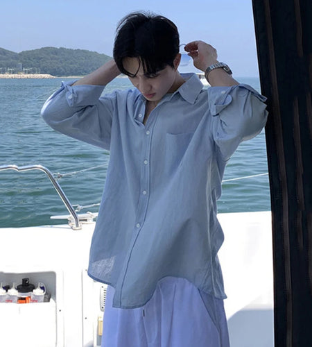 Men's Shirts Long Sleeve New Korean Style Solid Color Stylish Turn-down Collar Causal Trendy Male Loose Clothing 9W1981