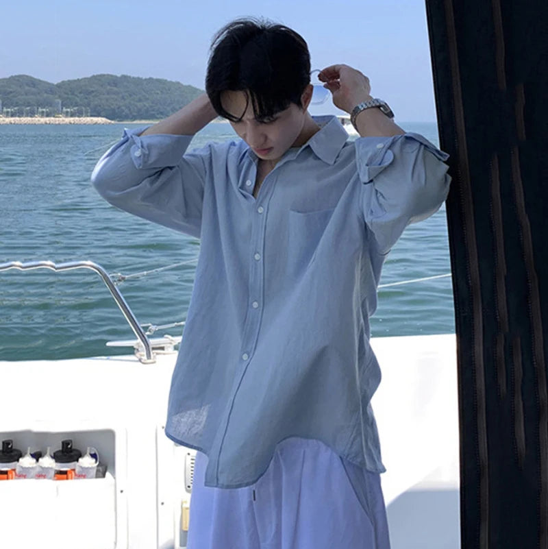 Men's Shirts Long Sleeve New Korean Style Solid Color Stylish Turn-down Collar Causal Trendy Male Loose Clothing 9W1981