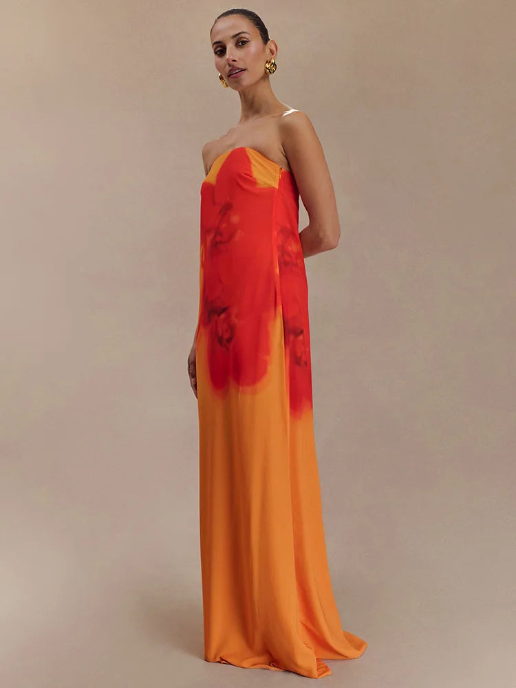 Floral Print Strapless Sexy Maxi Dress For Women Gown Off-shoulder Backless Sleeveless Elegant Long Dress Fashion
