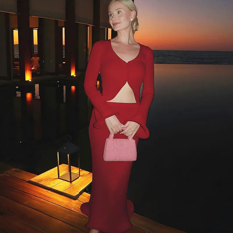 Elegant Sexy Skirt Two Piece Sets Women Autumn New V Neck Long Sleeve T-shirt And Long Skirt Matching Two Piece Sets