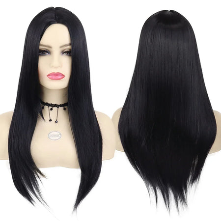 Synthetic Long Black Wigs for Women Natural Straight Hair TV Movie Cosplay Trendy Anime Wig Halloween Costome Addams