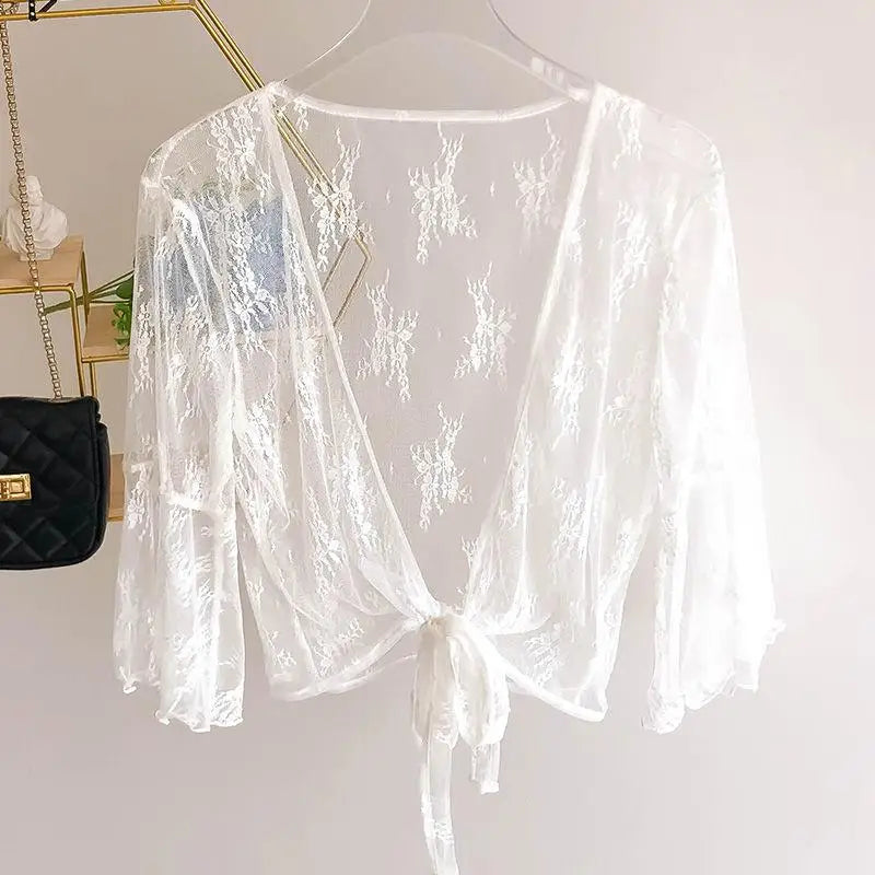 2023 Summer Jackets Lace Shawl Women's Clothing Short Lace-up Sun Protection Shawl Coat Cardigan Top Thin Femme Mujer