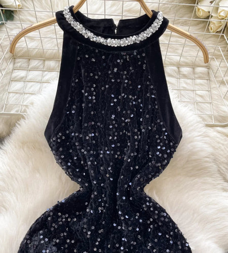 French Vintage Black Sequins Diamond Elegant Sleeveless Short Dresses Summer Fashion Off Shoulder Party Evening Dress Ladies New