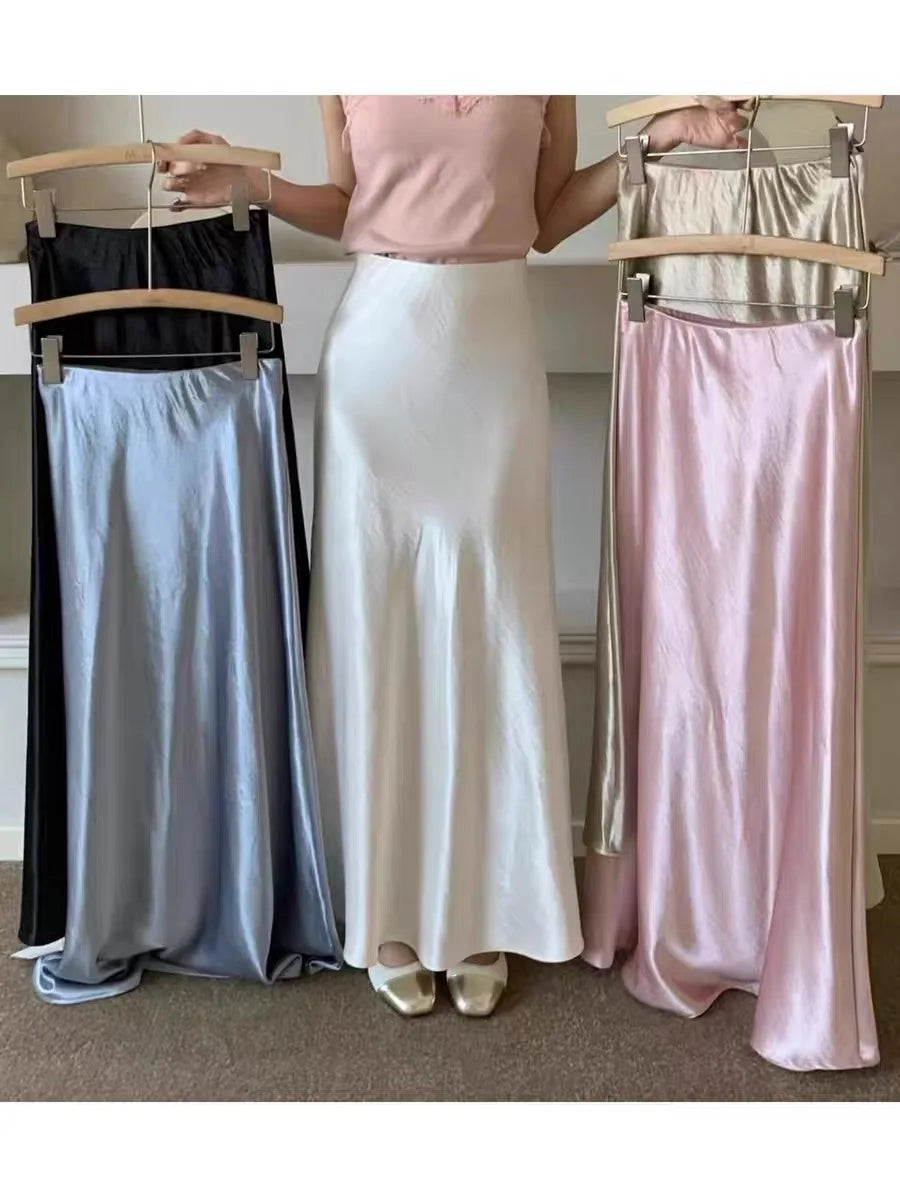 Spring Summer French Solid Elegant Sexy Club A-line Pleated Long Skirt Women High Waist Vacation Slim Wrap Hip Fishtail Skirts