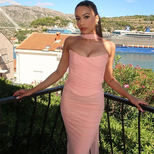 Load image into Gallery viewer, Sexy Two Piece Sets Women Neckerchief Strapless Crop Tops And Maxi Skirt Sets Sexy Club Party Skirt Two Piece Sets
