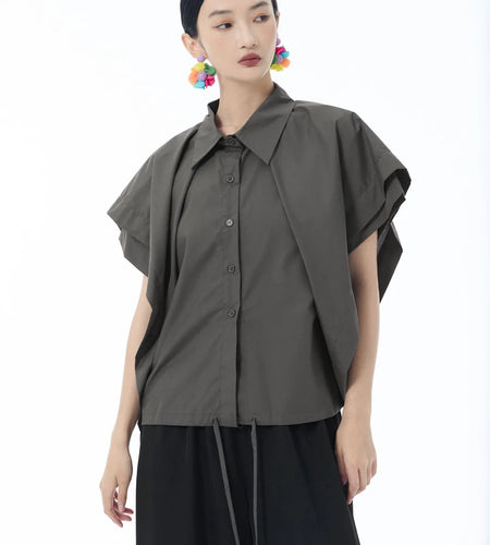 Women Gray Irregular Spliced Bandage Big Size Blouse New Lapel Short Sleeve Shirt Fashion Tide Spring Summer 2025 1DJ1605